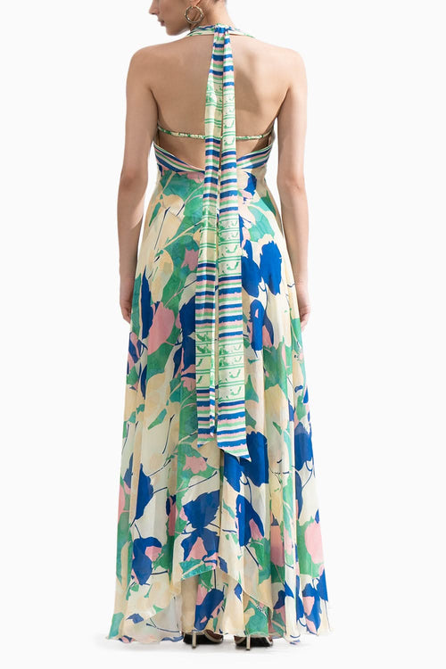 Mystic Green-Blue Draped Halter Neck Dress