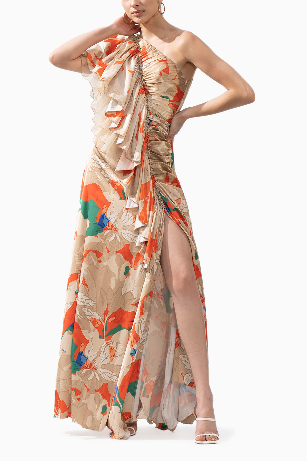 Mystic Orange Printed One Shoulder Dress