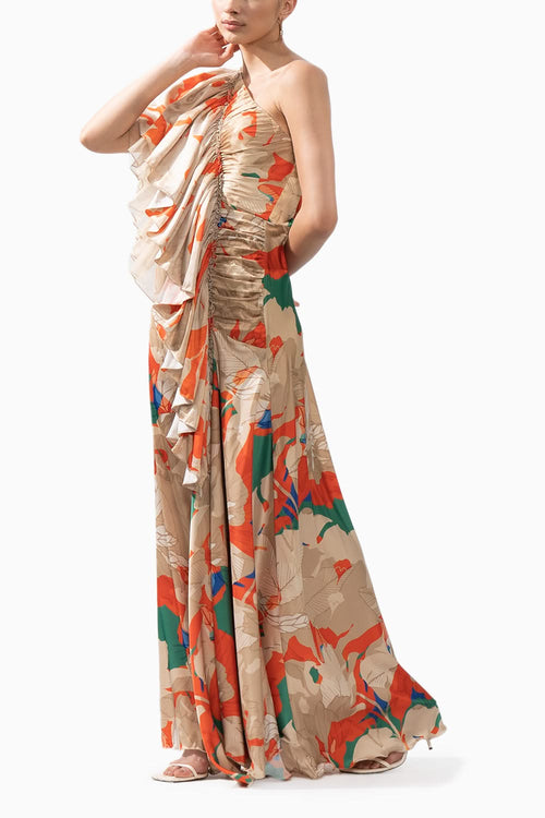 Mystic Orange Printed One Shoulder Dress