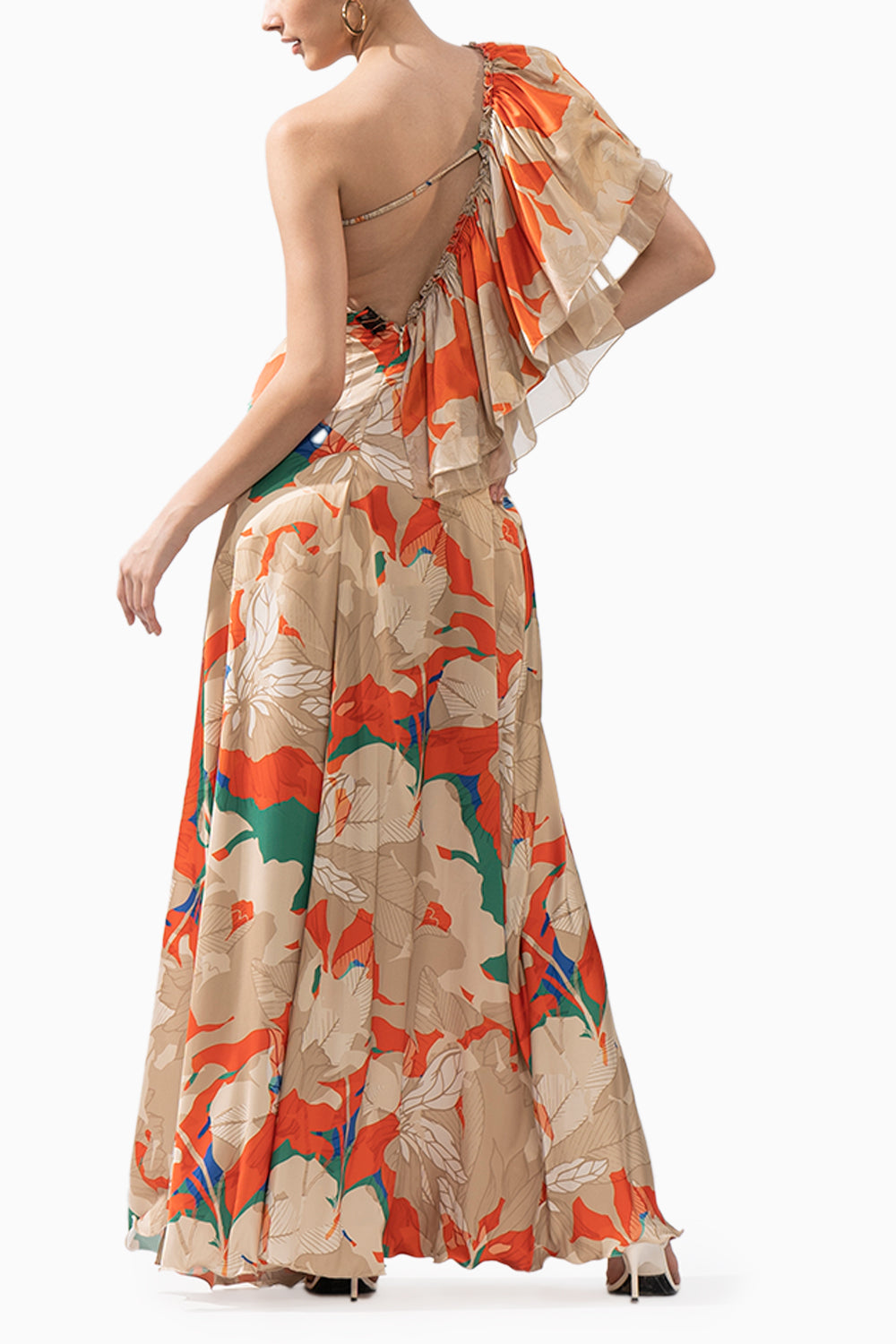 Mystic Orange Printed One Shoulder Dress