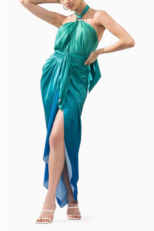 Ombre Printed Dress With Draped Waist