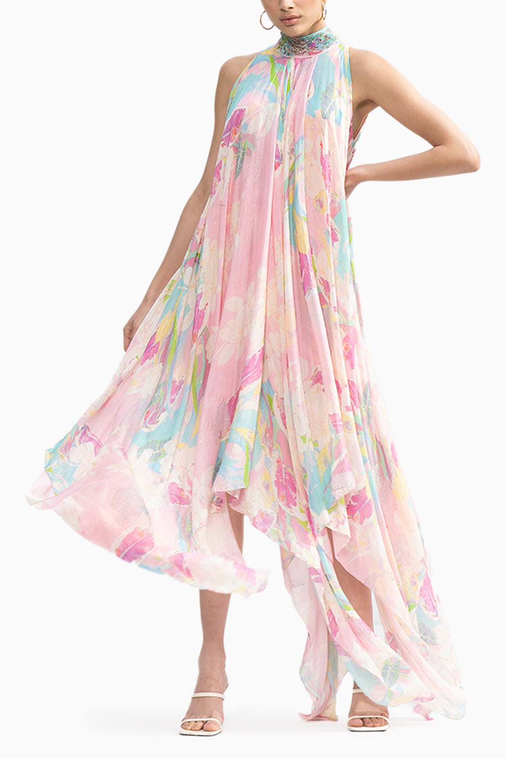 Tropical Printed Chiffon High Low Dress