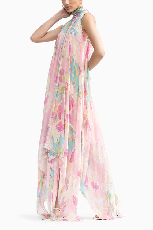 Tropical Printed Chiffon High Low Dress