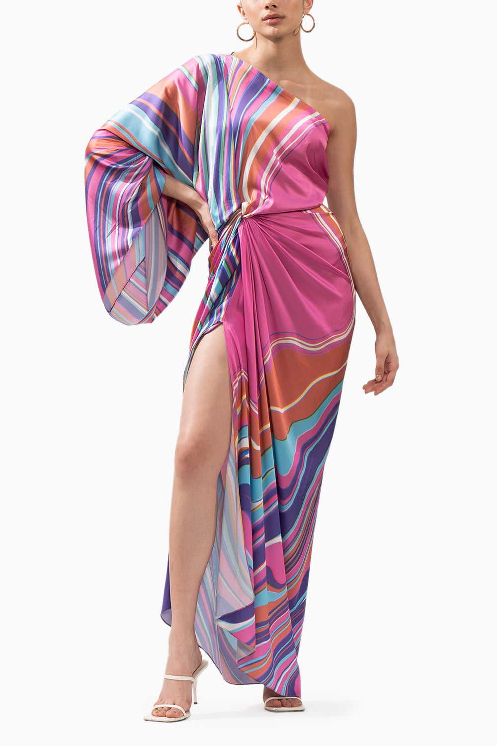 Pink Marble Placement Printed Draped Dress