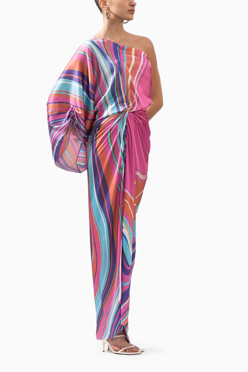 Pink Marble Placement Printed Draped Dress