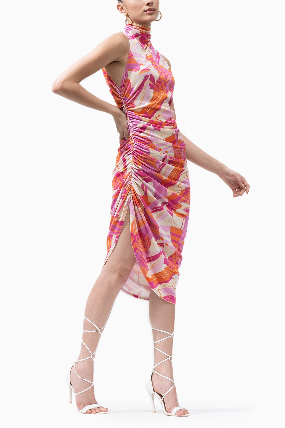 Pink Abstract Printed Velvet Short Dress