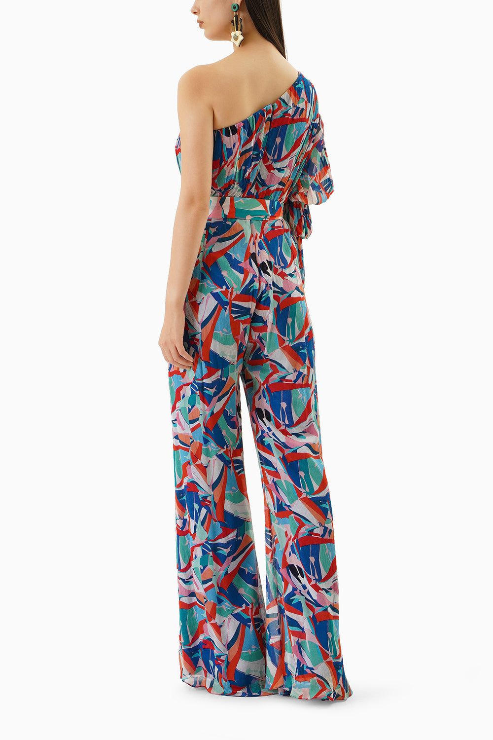 Blue Printed Chiffon Jumpsuit With Belt