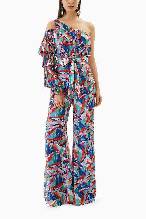 Blue Printed Chiffon Jumpsuit With Belt