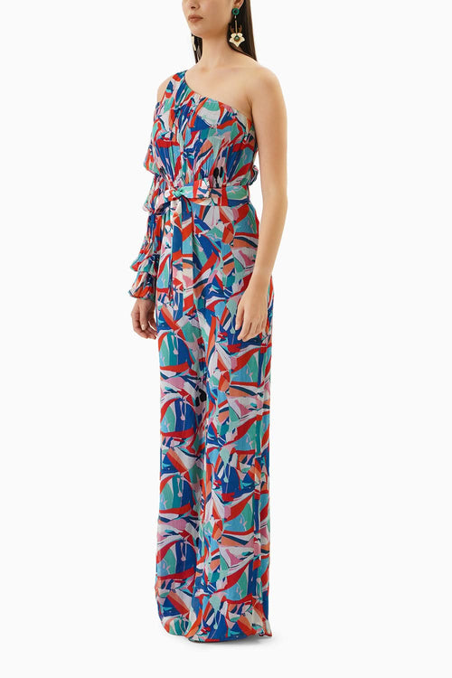 Blue Printed Chiffon Jumpsuit With Belt