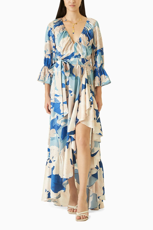 Mystic Blue Texture Printed Dress With Asymmetric Hemline