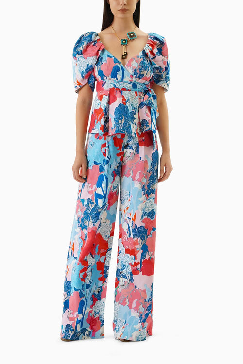 Printed Wrap Top With Printed Pants