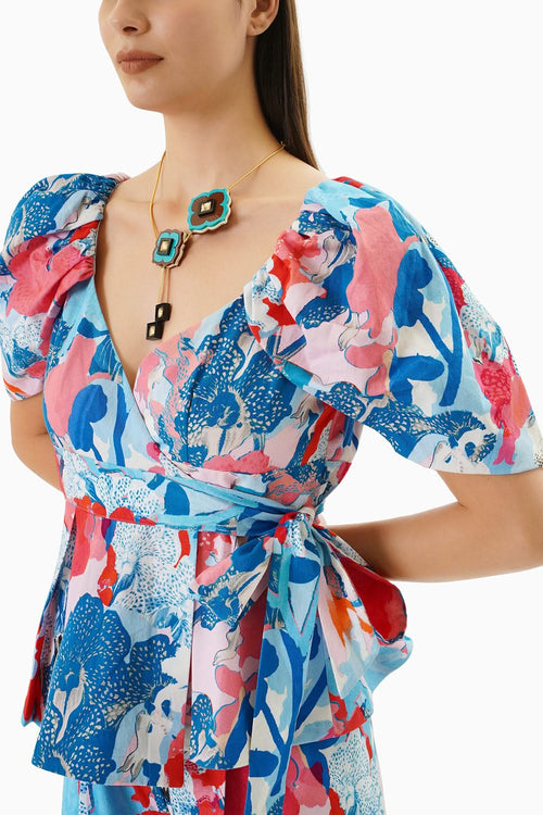 Printed Wrap Top With Printed Pants