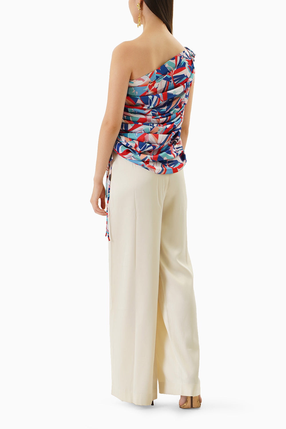 Printed Off Shoulder Rooshed Top With Dust Satin Pants.
