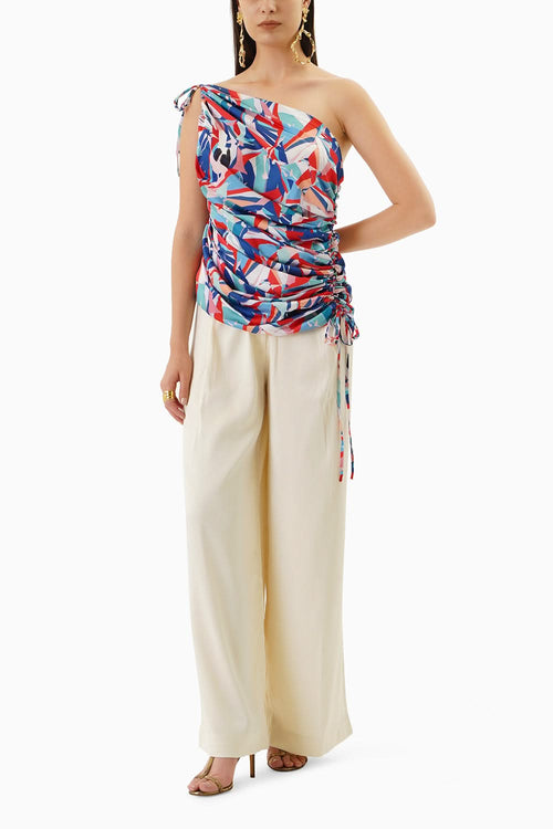 Printed Off Shoulder Rooshed Top With Dust Satin Pants.