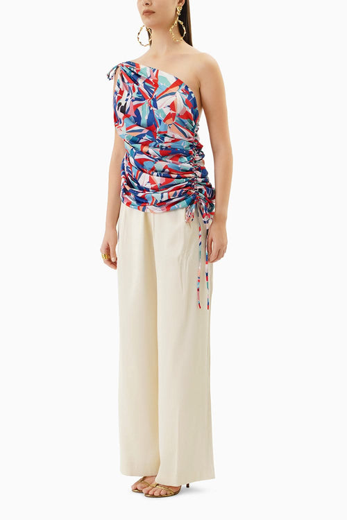 Printed Off Shoulder Rooshed Top With Dust Satin Pants.