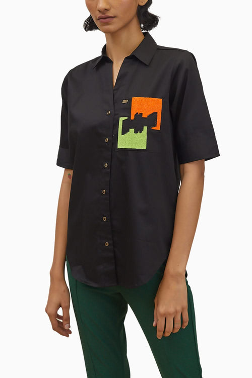 Black Puzzle Pop Embroidered Shirt