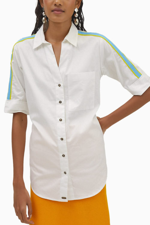 White Embellished Blue Yellow Pop Ribbon Shirt
