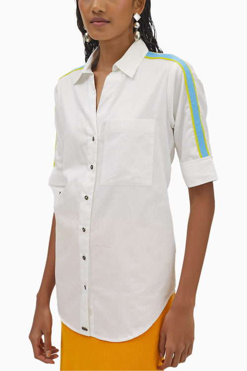 White Embellished Blue Yellow Pop Ribbon Shirt