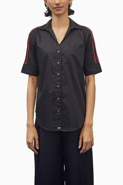 Black Embellished Red Pop Ribbon Shirt