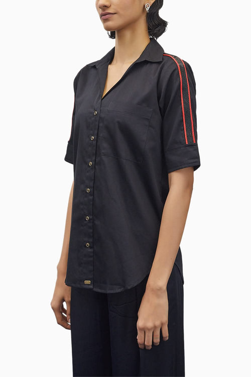 Black Embellished Red Pop Ribbon Shirt