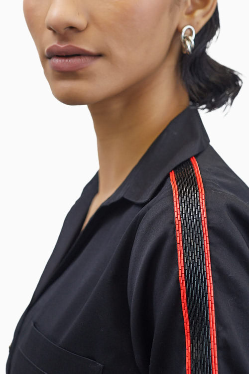 Black Embellished Red Pop Ribbon Shirt