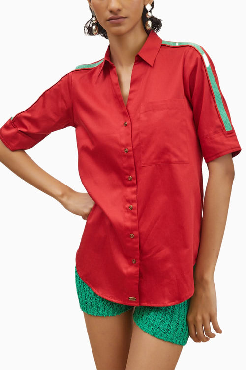 Red Embellished Jade Green Pop Ribbon Shirt
