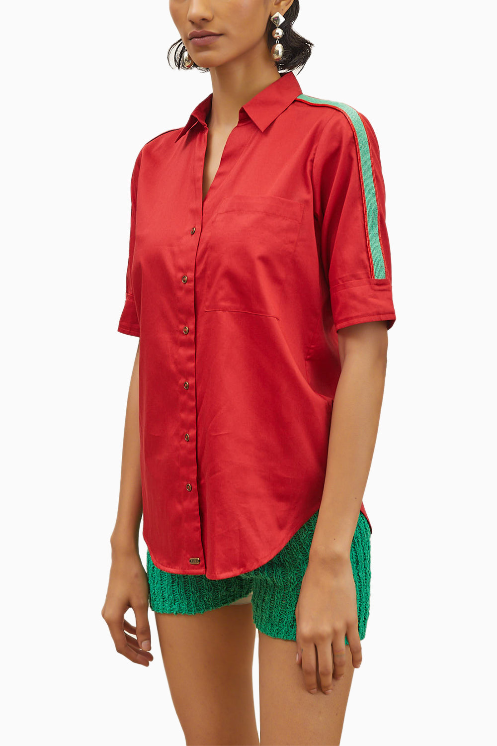 Red Embellished Jade Green Pop Ribbon Shirt