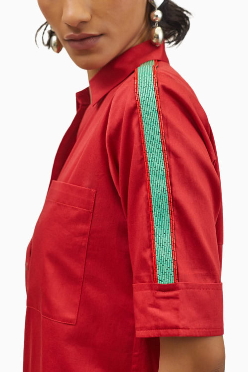 Red Embellished Jade Green Pop Ribbon Shirt