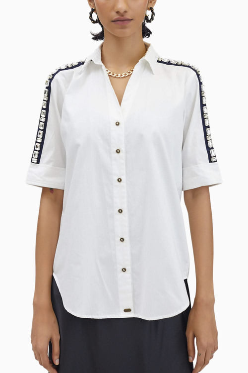 White Rectangle Swarovski Ribbon Shirt