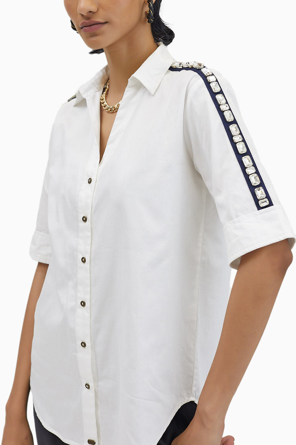 White Rectangle Swarovski Ribbon Shirt