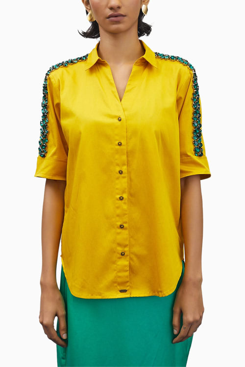 Canary Yellow Emerald Swarovski Ribbon Shirt