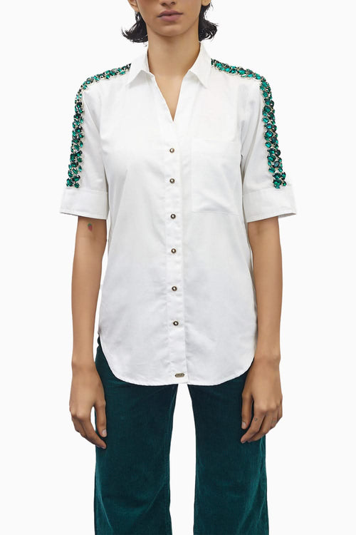 White Swarovski Emerald Ribbon Shirt