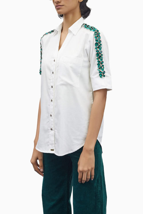 White Swarovski Emerald Ribbon Shirt