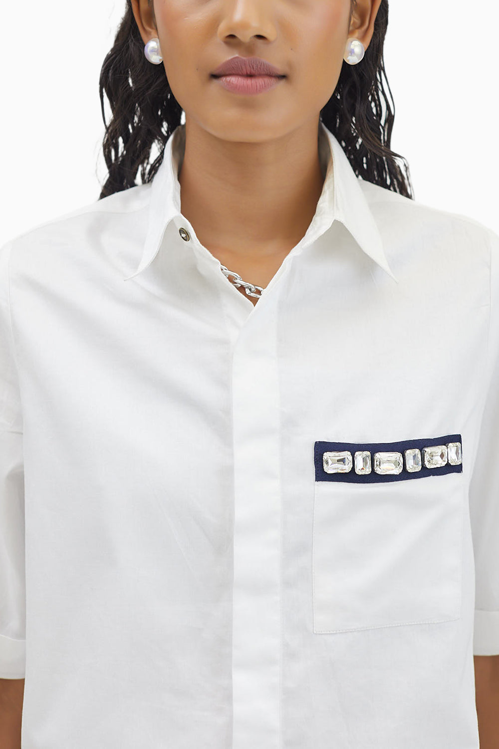 White Rectangle Swarovski Pocket Shirt