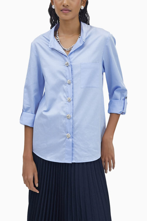 Sky Blue Swarovski Button Shirt