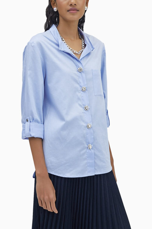 Sky Blue Swarovski Button Shirt