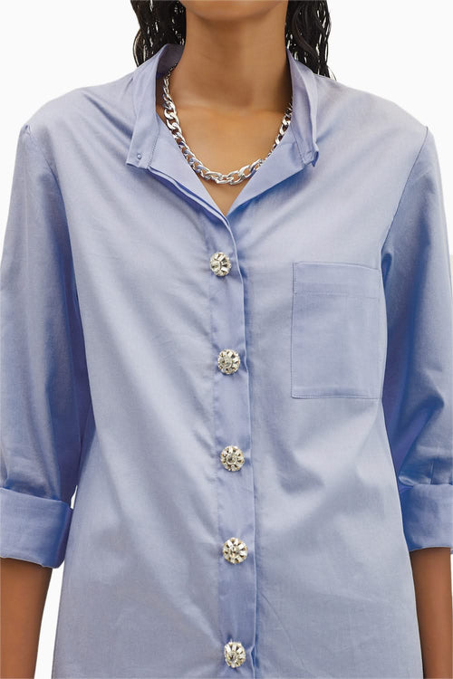 Sky Blue Swarovski Button Shirt