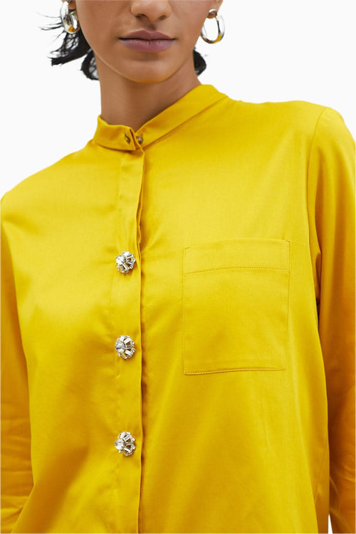 Canary Yellow Swarovski Button Shirt