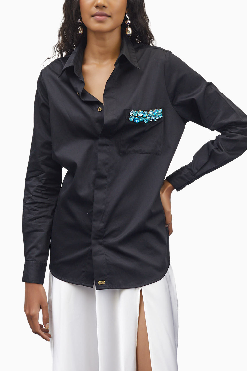 Black Aqua Pocket Swarovski Shirt