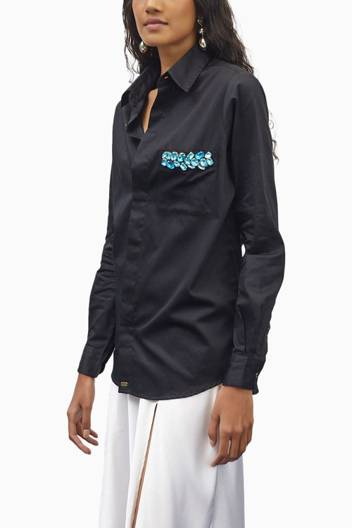 Black Aqua Pocket Swarovski Shirt