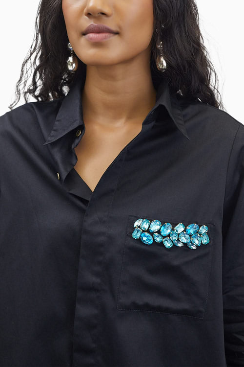 Black Aqua Pocket Swarovski Shirt