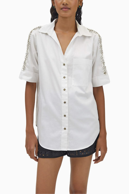 White Monochrome Flower Swarovski Ribbon Shirt