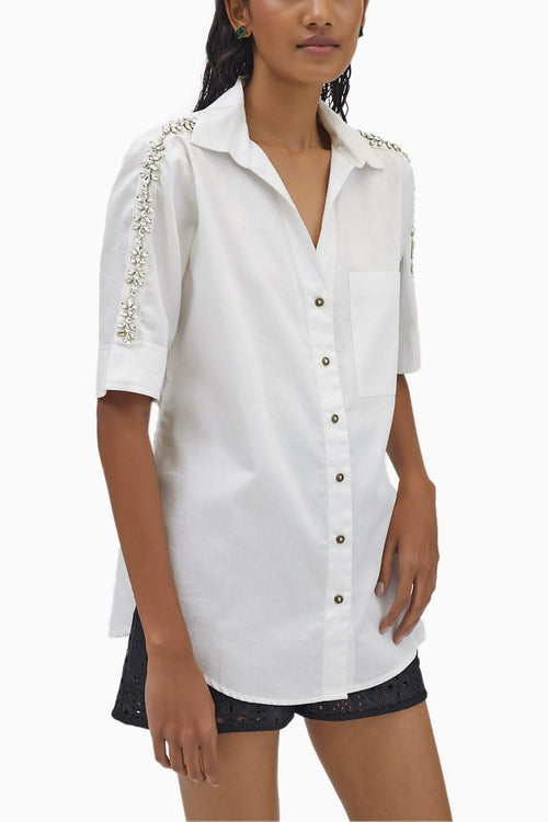 White Monochrome Flower Swarovski Ribbon Shirt