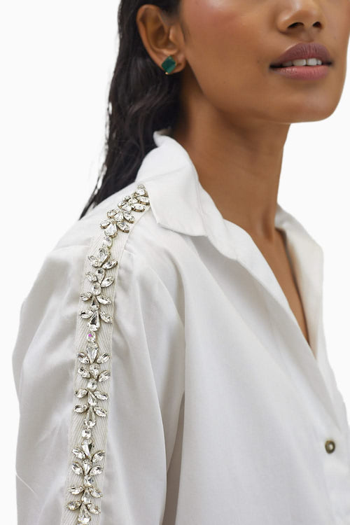 White Monochrome Flower Swarovski Ribbon Shirt