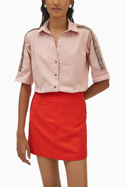 Salmon Flower Swarovski Ribbon Shirt