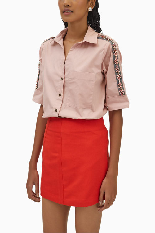 Salmon Flower Swarovski Ribbon Shirt