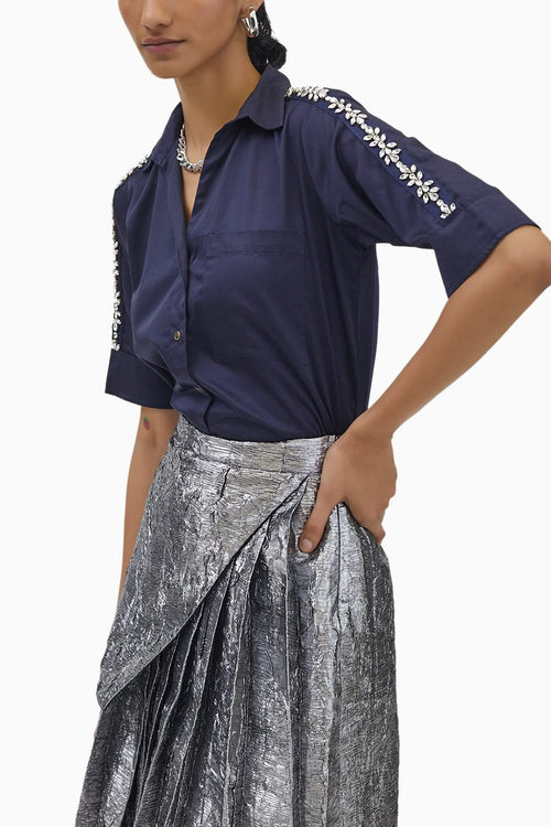Navy Flower Swarovski Ribbon Shirt