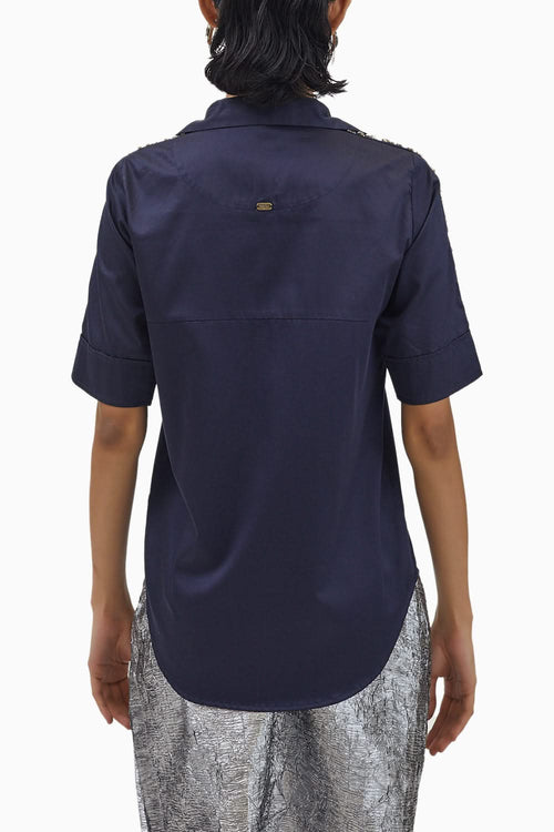 Navy Flower Swarovski Ribbon Shirt