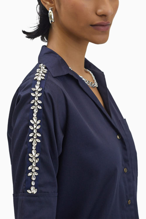 Navy Flower Swarovski Ribbon Shirt