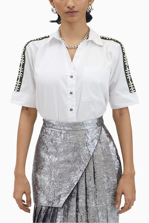 White Flower Swarovski Ribbon Shirt